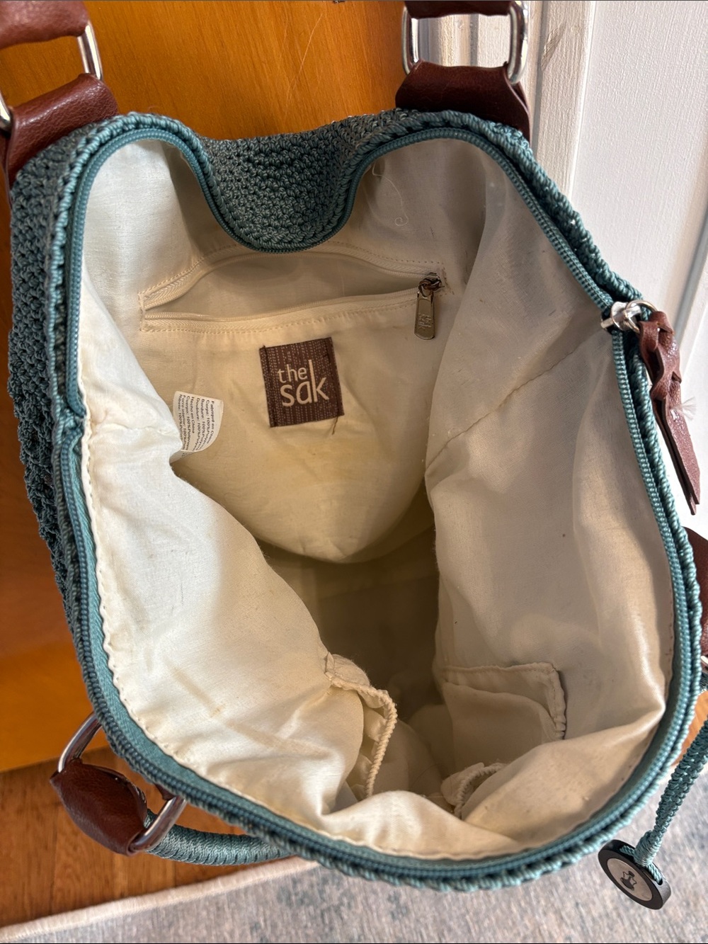 The Sak Teal Crochet Tote with Brown Leather Trim - Picture 4 of 6
